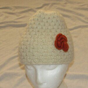Vintage 100% Merino Wool Made in Donegal Ireland Ivory Orange Flower Beanie Hat